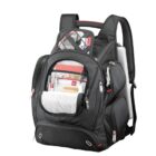 A black backpack with red accents, featuring multiple compartments. The front pocket is open, revealing neatly organized stationery, documents, and a tablet. The backpack has padded shoulder straps for comfort.