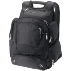 A black backpack featuring multiple compartments and silver zippers. It has a top handle and padded shoulder straps, offering functionality with a sleek design. The fabric appears durable, making it suitable for travel or everyday use.