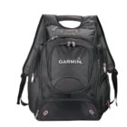Black backpack with GARMIN logo on the front. It features multiple zippered compartments and mesh side pockets, with padded shoulder straps for comfort. The design is sleek and functional, suitable for outdoor or everyday use.