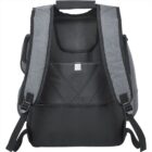 Back view of a backpack with padded shoulder straps, a top handle, and a mesh back panel. The backpack is black with gray accents. There is a small square logo in the center of the back panel.