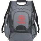 A gray backpack with multiple zippered compartments and side mesh pockets. It features the logo and text Rosewood Consultants in red on the front.