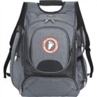 Gray backpack with numerous zippered pockets and compartments, featuring a logo with a footprint and the words M-MANIACS RUNNING CLUB on the front pocket. The backpack has black accents and padded shoulder straps.