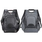 Two backpacks side by side. The left backpack is black with multiple zippered compartments and mesh side pockets. The right backpack is gray with a similar design, including multiple zippers and mesh side pockets. Both have padded shoulder straps.