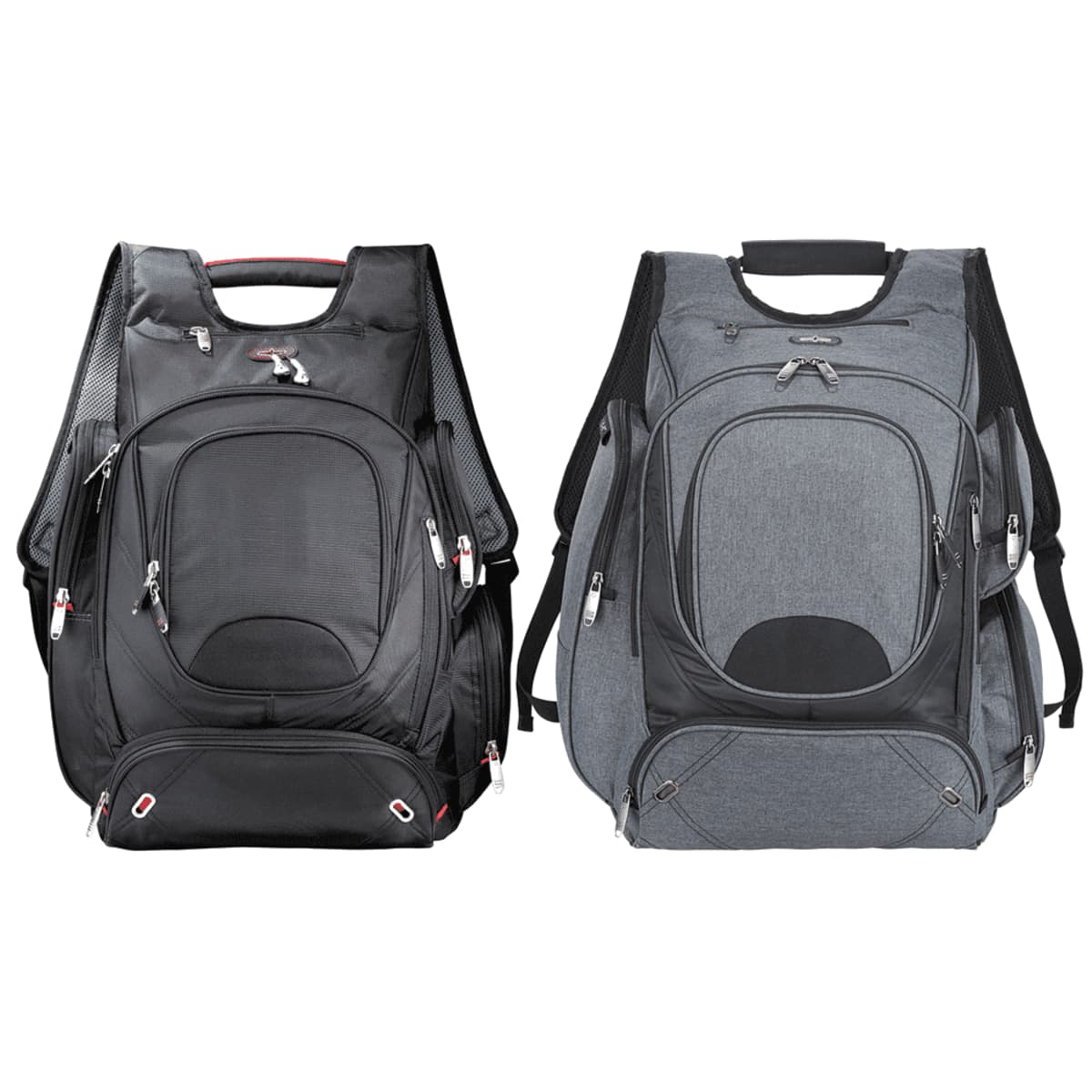 Two backpacks side by side. The left backpack is black with multiple zippered compartments and mesh side pockets. The right backpack is gray with a similar design, including multiple zippers and mesh side pockets. Both have padded shoulder straps.