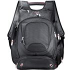 A sleek, black backpack with multiple compartments and silver zippers. It features a padded top handle and mesh side pockets. The design is modern with red accents on the zipper pulls, suitable for carrying laptops and accessories.
