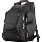 A sleek black backpack with multiple zippered compartments and red accents. It has a mesh back for ventilation and a top handle for easy carrying.