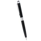 A sleek black pen with a silver clip and metallic accents. The pen has a pointed tip at one end and a rounded top, suitable for touchscreens, at the other. The central silver band features engraved markings.