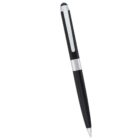 A sleek black stylus pen with a silver clip and accent. The pen has a stylus tip on one end and a writing point on the other, designed for dual functionality.