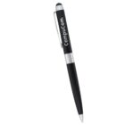 A black ballpoint pen with a silver clip and middle band, featuring the text CompuCom in white. The pen has a stylus tip on one end and a retractable writing tip on the other.