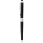 A sleek black ballpoint pen with a silver clip and a silver band near the top, isolated on a white background.