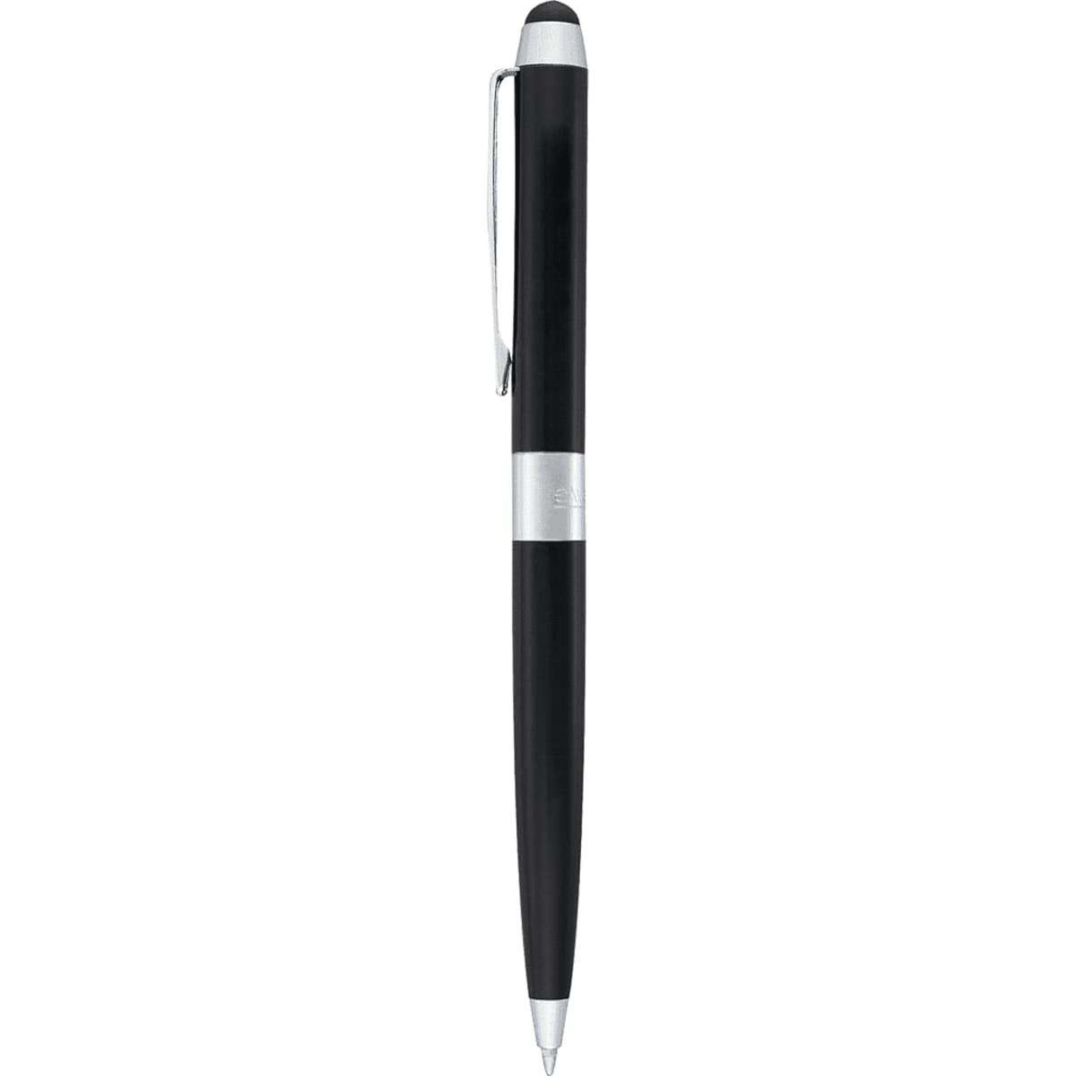A sleek black ballpoint pen with a silver clip and a silver band near the top, isolated on a white background.