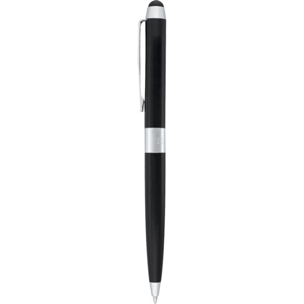 A sleek black stylus pen with a silver clip and band near the top, featuring a touch screen stylus tip on one end and a ballpoint pen tip on the other.