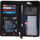 Open travel wallet with cards, phone, pen, money, ID, and passport neatly organized inside.