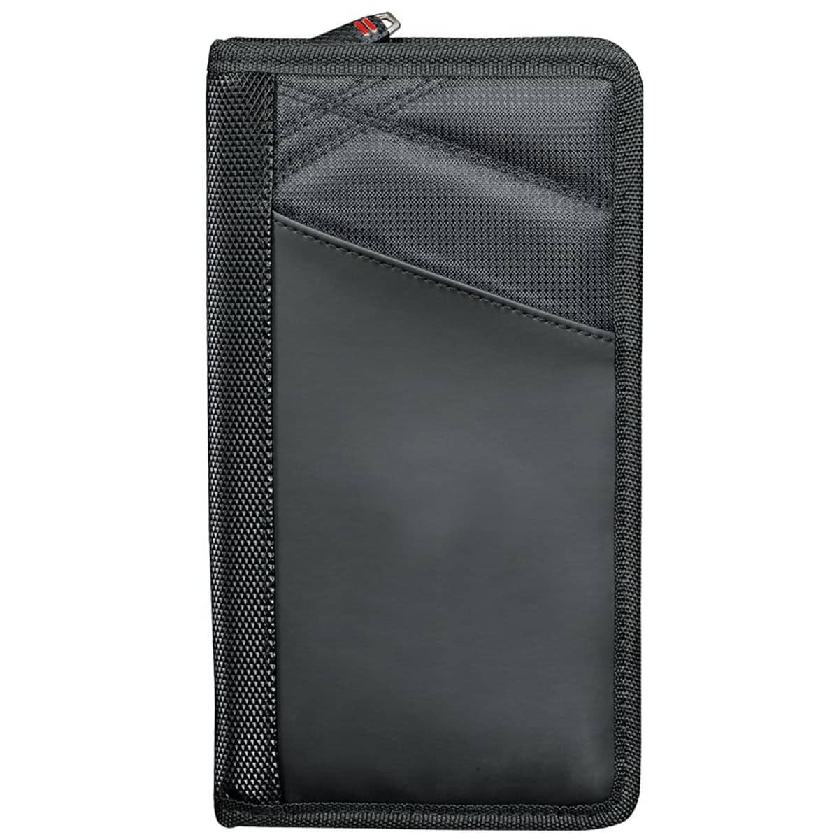 Black zippered travel wallet with a mesh and solid panel design on the front.