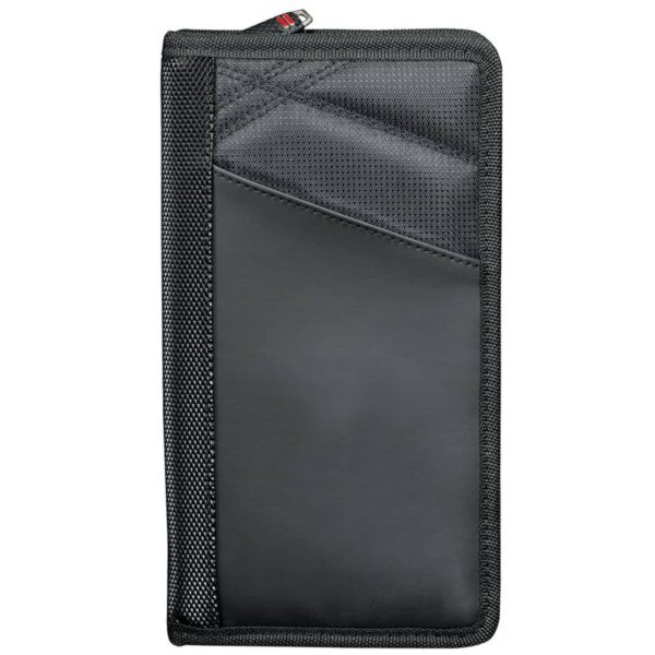 Black zippered travel wallet with mesh and leather-like material on the front.
