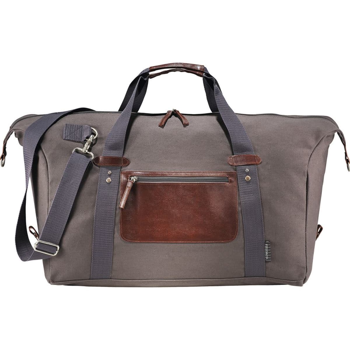 A gray duffel bag with brown leather accents and a front zipper pocket. It has black straps and an adjustable shoulder strap. The bag is displayed against a white background.