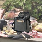 A black insulated tote bag filled with bottles sits on a table. Around it are a checkered cloth, grilled sandwiches, lemon slices, soda bottles, and grilling utensils. In the background, colorful pillows and ivy plants are visible.