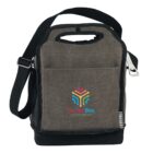 A dark gray insulated lunch bag with a black adjustable strap, front pocket, and colorful logo reading TechnoBox Hosting Service. The bag features a handle at the top and a mesh side pocket.