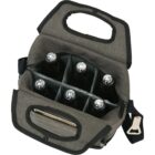 A gray fabric bag with a handle, containing six compartments each holding a bottle with a silver cap. The bag features an external pocket and a bottle opener attached.
