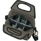 Open gray fabric cooler bag with a black handle, showcasing insulated compartments inside for storage. A bottle opener is attached to the side.