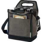 A dark gray fabric cooler bag with a bottle opener attached. It holds six beer bottles, with one pocket holding a brochure. The bag has a rectangular shape, a mesh side pocket, and a shoulder strap for carrying.