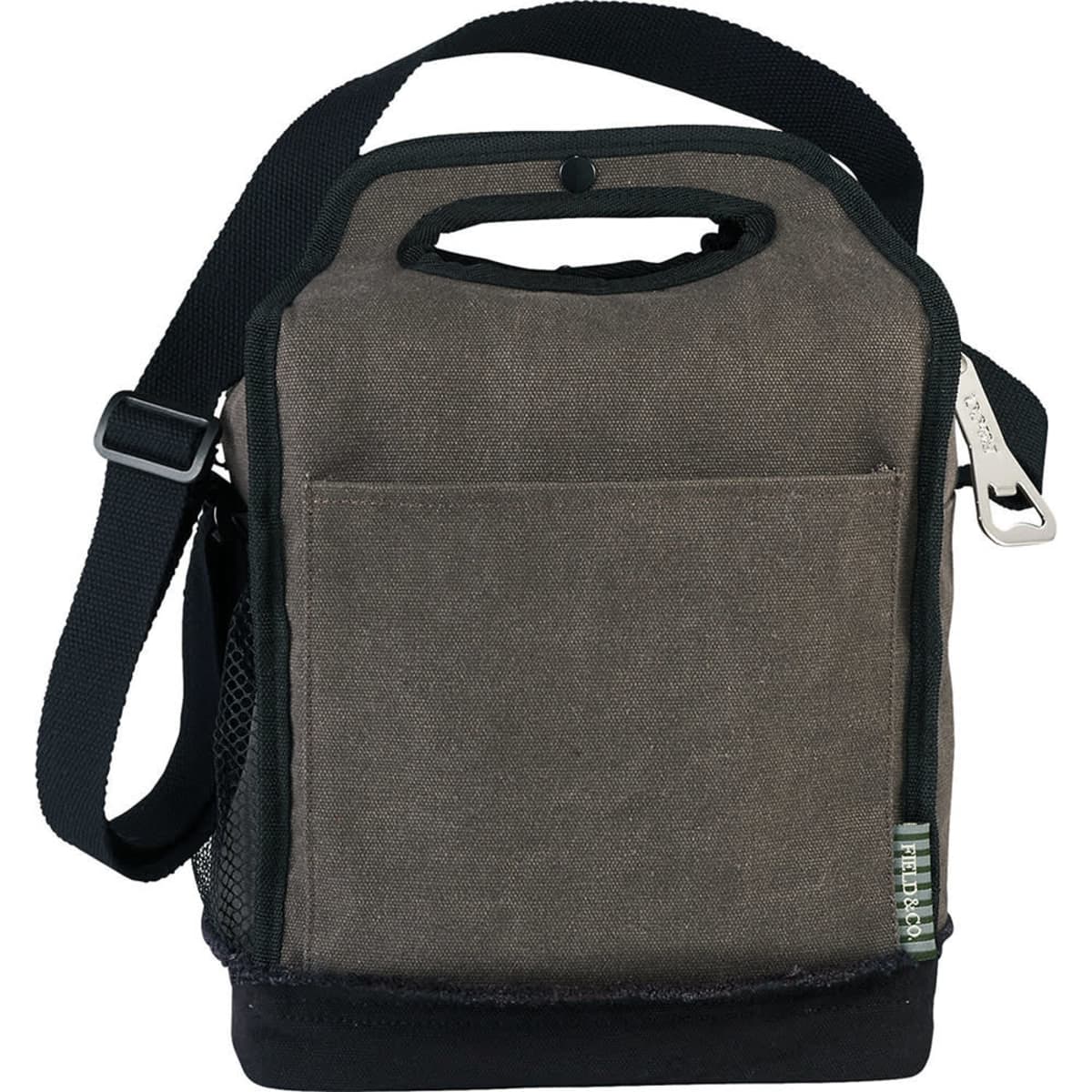 A small, rectangular canvas lunch bag with a handle and adjustable shoulder strap. It features a front pocket and a mesh side pocket. The bag has a zipper closure and a simple, compact design.