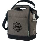 A gray fabric cooler bag with black details, a front pocket featuring a Beer Works logo, and a bottle opener attached at the side. The bag has a carrying handle and an adjustable shoulder strap.