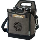 A gray fabric beer caddy with a built-in handle and shoulder strap holds six brown beer bottles. Theres a pocket with a brochure and a built-in bottle opener attached to the side. The front has a circular Beer Works Trademark logo.