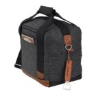A gray soft-sided cooler bag with black straps and brown leather accents. It has a front pocket containing a magazine and features a bottle opener attached on a leather tag labeled FIELD & CO. on one side.