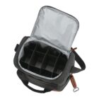 A grey insulated cooler bag with an open lid displaying numerous compartments. The bag has black handles, a shoulder strap, and a zipper pull with a brown leather accent. The interior is lined with a reflective material for insulation.