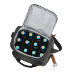 Open insulated cooler bag showing twelve bottles with blue caps inside, separated by a grid. The bag is gray with black straps and a zip-around closure. A leather tag attached to the zipper pull is visible.