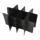 A black, six-slot file organizer with a modern, angular design. The dividers are evenly spaced, creating open sections for storing documents or files. The material appears smooth and matte.