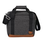 A stylish gray fabric cooler bag with black straps and a brown leather accent at the bottom. It has a top handle and an adjustable shoulder strap, featuring a zippered main compartment.