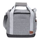 Gray felt lunch bag with a black base, featuring a front pocket, zippered main compartment, and light gray handles. Theres an adjustable shoulder strap attached. A small brown leather patch is on the front.