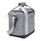A gray insulated lunch bag with a black base and white straps. The design includes a shoulder strap and a side zipper pocket, with a leather patch on the side.