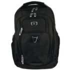 A black backpack with multiple compartments and silver zippers, featuring a logo on the front pocket. It has a sturdy handle on top and adjustable shoulder straps.