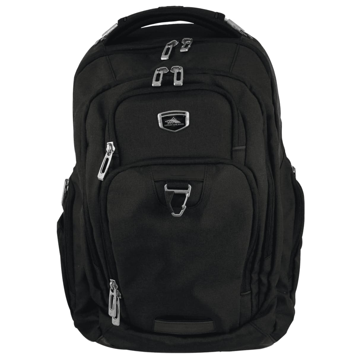 A black backpack with multiple compartments and silver zippers, featuring a logo on the front pocket. It has a sturdy handle on top and adjustable shoulder straps.