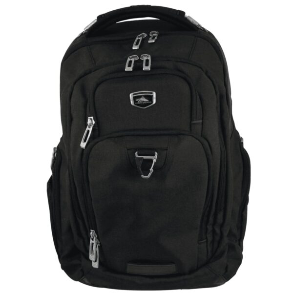A black backpack with multiple zippered compartments and silver zippers. It has a logo on the front and a top handle for carrying.