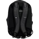 A black backpack is shown from the back, featuring padded shoulder straps and a mesh panel for ventilation. The bag has a sleek design with reinforced stitching and minimalistic detailing.