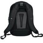 Back view of a black backpack featuring padded shoulder straps and an airflow back panel for ventilation, with mesh detailing at the center. The zippers are visible at the top.