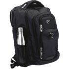 A black backpack featuring multiple zippered compartments and a top handle. A silver water bottle is stored in the mesh side pocket. The backpack has a sleek design with metal zipper pulls and a small badge near the top.