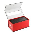 A black electronic device in a red box with the lid open. The box has a white interior and a rectangular window section on the lids inside. The exterior displays a geometric logo and the word HILLSTRA.