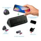 A hand holding a smartphone over a black cylindrical speaker with charging symbols. Text labels indicate features: IPX7 waterproof speaker, wireless charging power bank, music controls, 2x 3W speakers, and USB output.