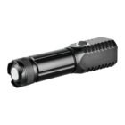 A black flashlight with a cylindrical body and a textured grip is shown. It has a button on the side for operation, a ridged end, and a round lens at the front. The design is sleek and modern, suggesting it could be used for tactical purposes.