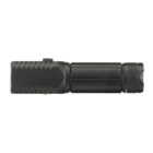Black compact flashlight with a textured grip and a cylindrical body. The flashlight has a button on the side and a lens at one end. The design appears rugged and suitable for outdoor use.