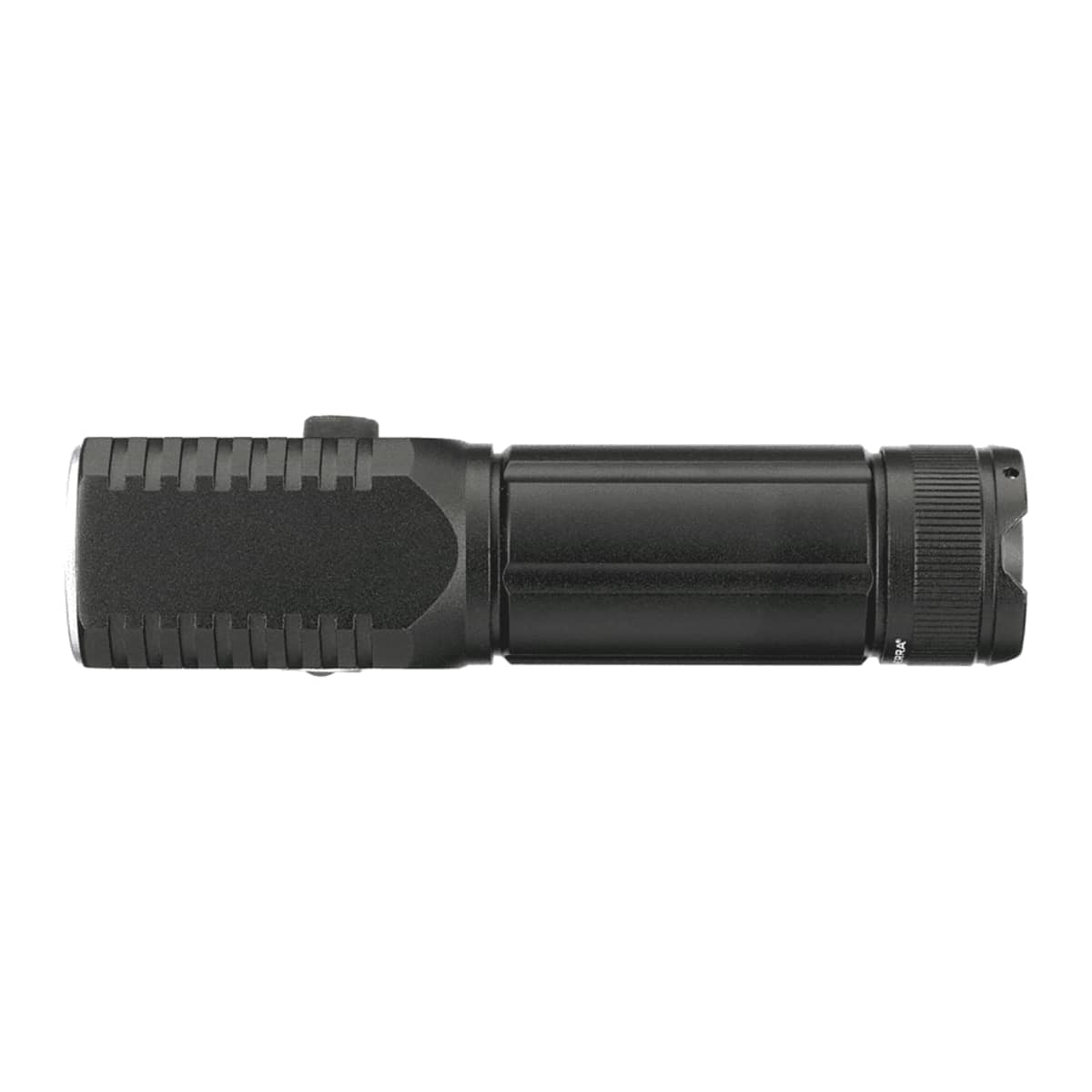 Black compact flashlight with a textured grip and a cylindrical body. The flashlight has a button on the side and a lens at one end. The design appears rugged and suitable for outdoor use.