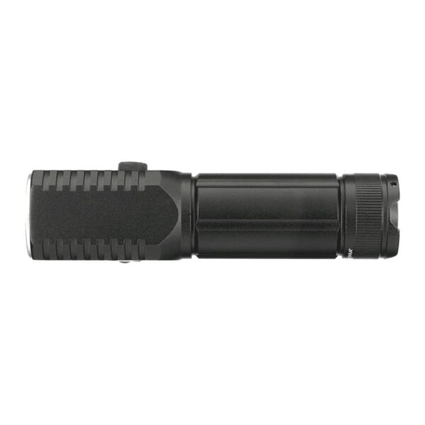 A compact black flashlight with a textured grip and a cylindrical shape, viewed from the side. It has a matte finish with a button near the top and a slightly wider head.