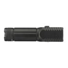 A black flashlight with a textured grip, shown against a white background. The flashlight has a cylindrical body with a button on the side and a protective bezel around the light.