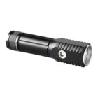 A black handheld flashlight with a textured grip and a lens at one end. It features a power button near the head. The flashlight has a sleek, cylindrical design with a slightly wider head.