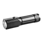 A black compact flashlight with a textured grip and a single button on the side. It features a cylindrical shape and a smooth, rounded lens at the front.